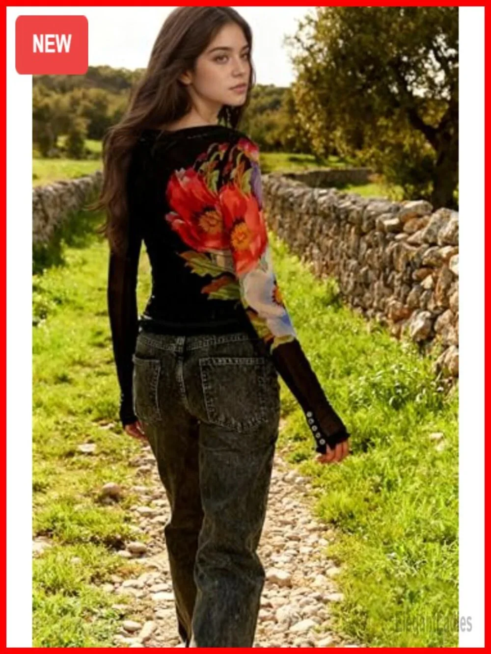 Floral Mesh Long Sleeve Crew Neck Slim Fit Going Out Top Blouse